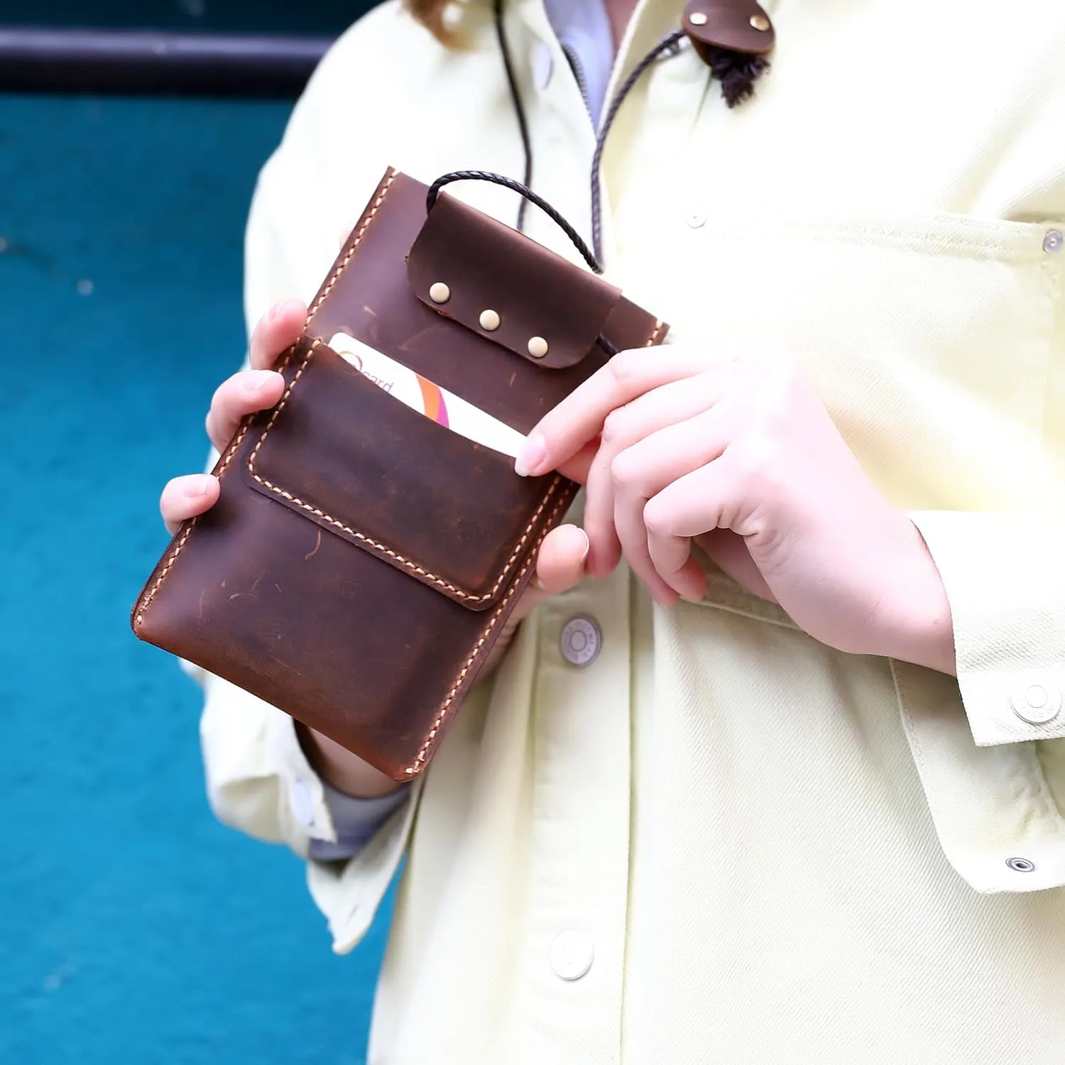 100% Handmade Genuine Leather Crossbody Phone Bag for Women, Personalized Shoulder Bag for Phone and Credit Cards, Camel