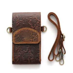 100% Handmade Genuine Leather Crossbody Phone Wallet for Women, Personalized Shoulder Bag for Phone and Wallet, Dark Brown - Patterned