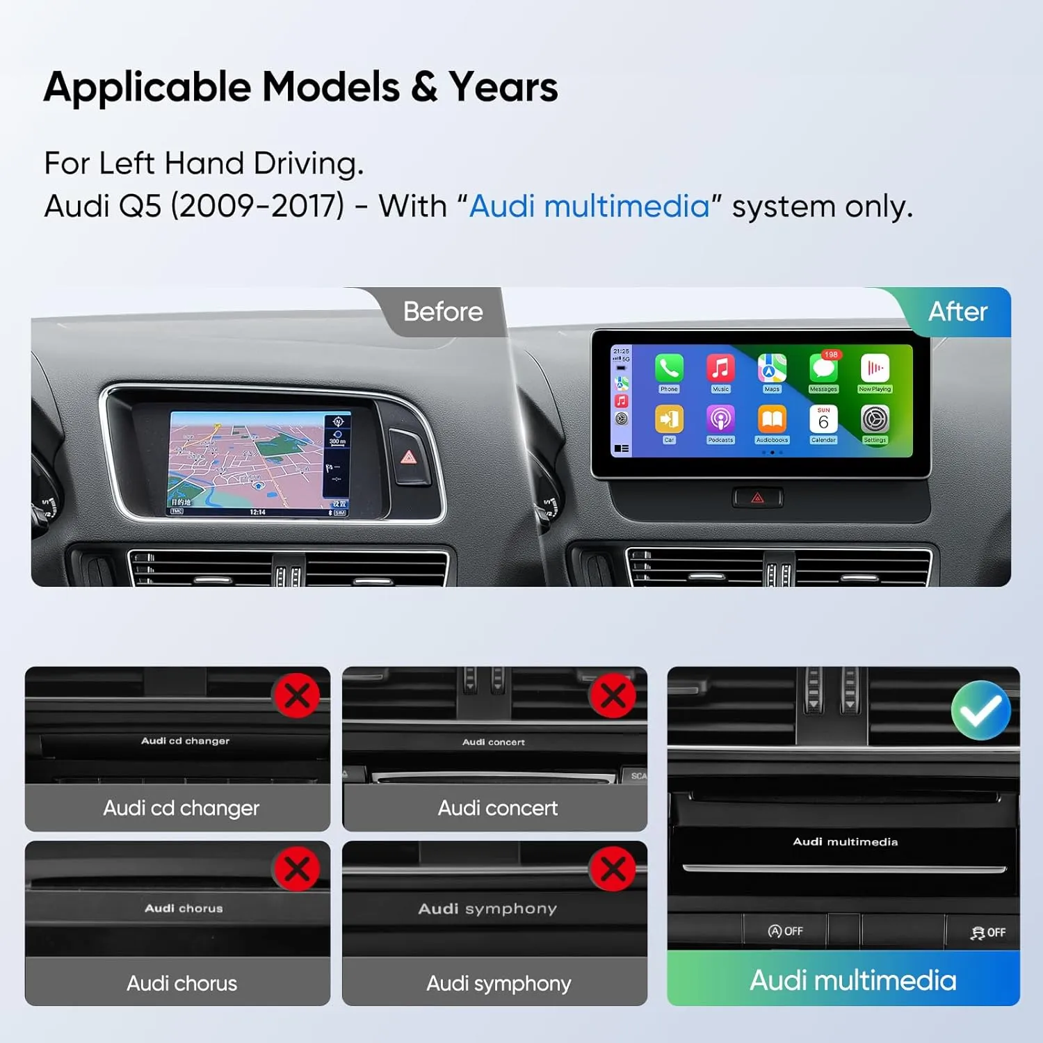 10.25-inch Car Stereo Touchscreen for Audi Q5 2009-2017 with Audi Multimedia System, Android Auto Wireless CarPlay Bluetooth Upgrade Factory Radio Replacement (10.25" Multimedia)