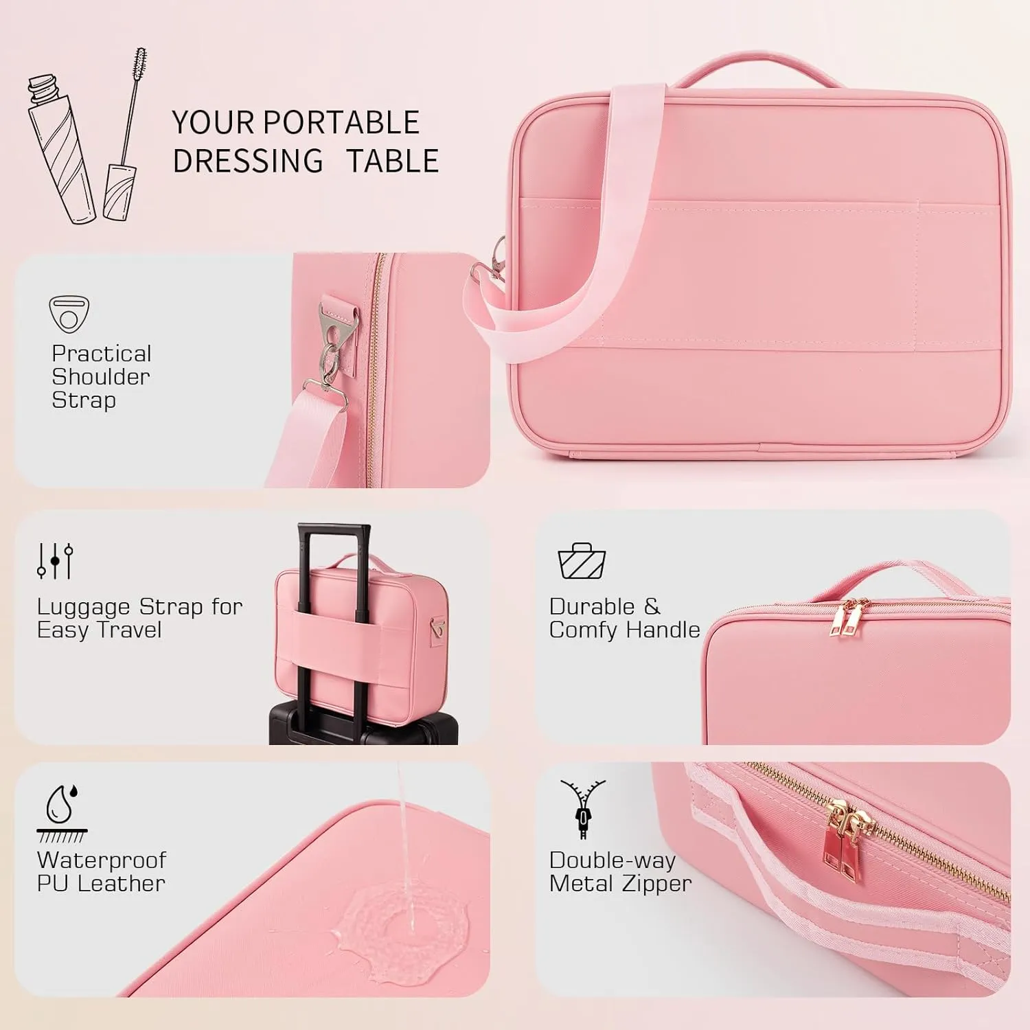 15''X11'' Large Capacity Makeup Bag with LED Mirror, Professional Makeup Case Organizer with 3 Color Light Adjustable Brightness, Travel Make up Cosmetic Case with Detachable Dividers & Shoulder Strap