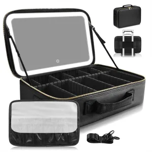 15''X11'' Large Capacity Makeup Bag with LED Mirror, Professional Makeup Case Organizer with 3 Color Light Adjustable Brightness, Travel Make up Cosmetic Case with Detachable Dividers & Shoulder Strap