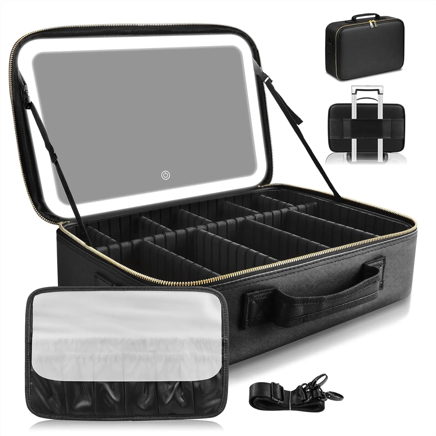 15''X11'' Large Capacity Makeup Bag with LED Mirror, Professional Makeup Case Organizer with 3 Color Light Adjustable Brightness, Travel Make up Cosmetic Case with Detachable Dividers & Shoulder Strap
