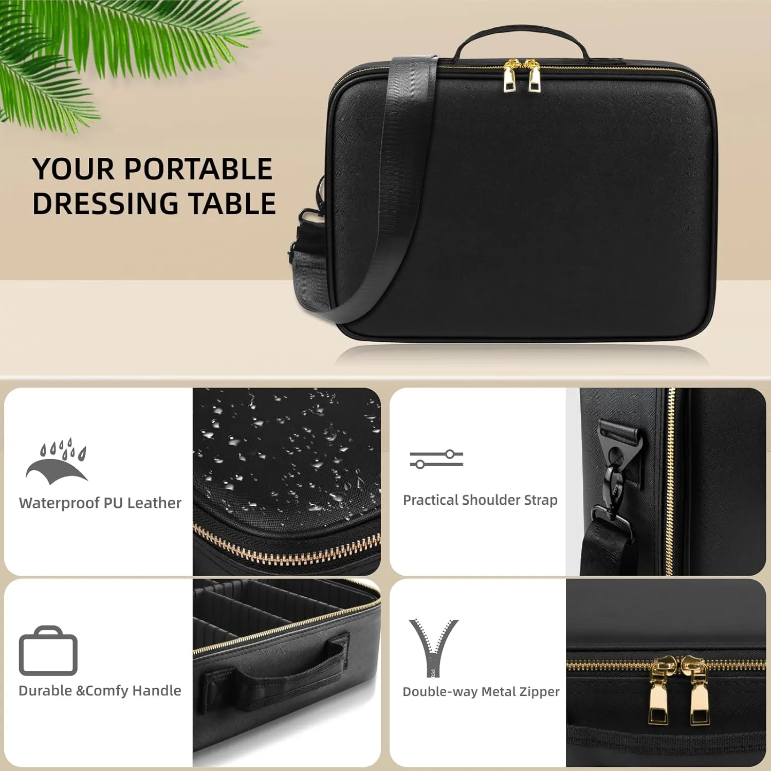 15''X11'' Large Capacity Makeup Bag with LED Mirror, Professional Makeup Case Organizer with 3 Color Light Adjustable Brightness, Travel Make up Cosmetic Case with Detachable Dividers & Shoulder Strap