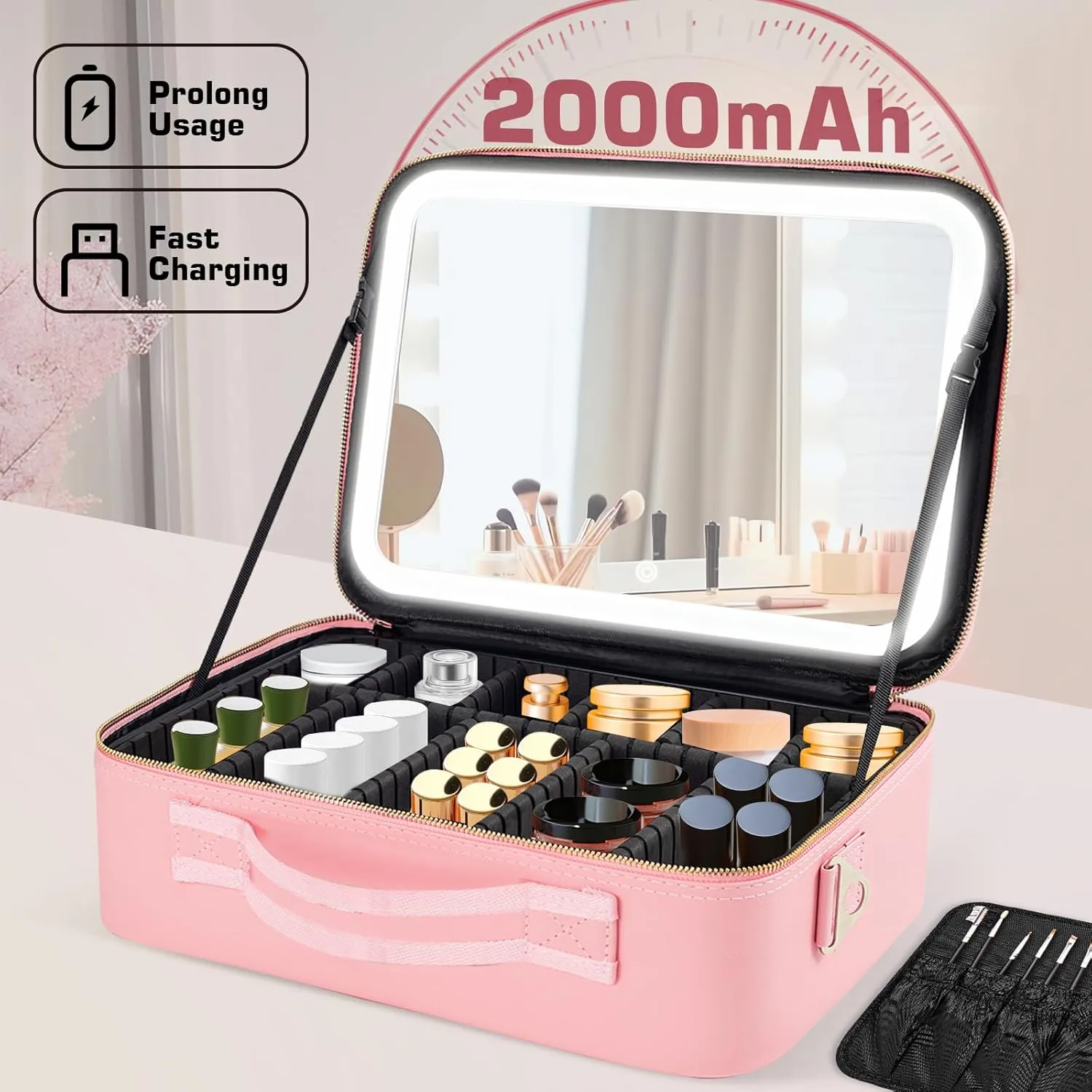 15''X11'' Large Capacity Makeup Bag with LED Mirror, Professional Makeup Case Organizer with 3 Color Light Adjustable Brightness, Travel Make up Cosmetic Case with Detachable Dividers & Shoulder Strap