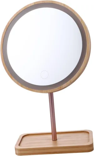 1pc Wooden Led Vanity Mirror Swivel Makeup Mirror for Tabletop Touch Control Dimmable Lighted Cosmetic for Bathroom Bedroom and Dresser