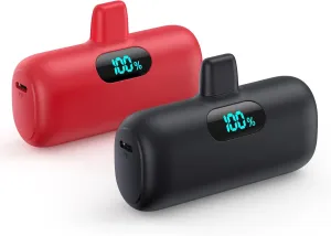 [2 Pack] Mini Portable Charger 5000mAh,Ultra-Compact 15W PD Fast Charging Power Bank,LCD Display Cute Battery Pack Backup Charger Compatible with iPhone 14/14 Pro Max/13 Pro/12/11/XR/8/7/6-Black Red