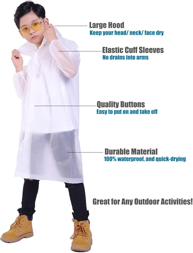 2 Pack Rain Ponchos for Kids, Reusable Kids Rain Jacket with Hood Waterproof Raincoats for Boys and Girls