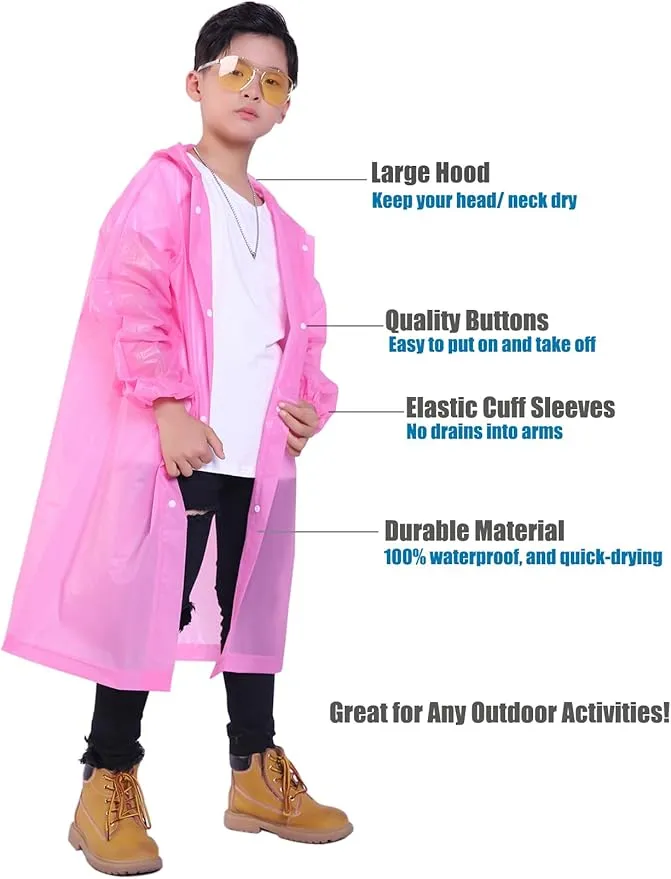 2 Pack Rain Ponchos for Kids, Reusable Kids Rain Jacket with Hood Waterproof Raincoats for Boys and Girls