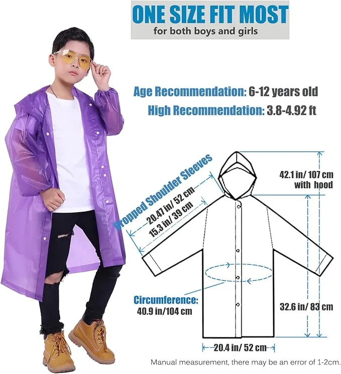 2 Pack Rain Ponchos for Kids, Reusable Kids Rain Jacket with Hood Waterproof Raincoats for Boys and Girls