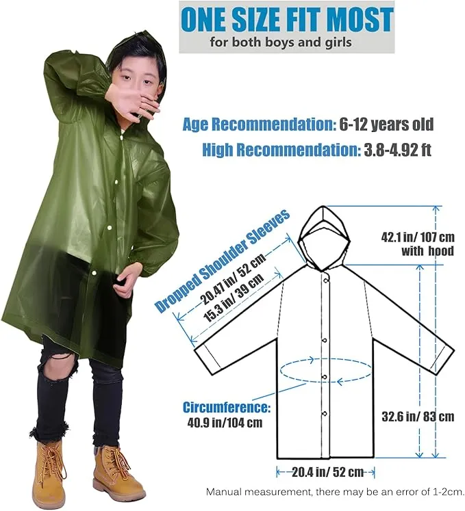 2 Pack Rain Ponchos for Kids, Reusable Kids Rain Jacket with Hood Waterproof Raincoats for Boys and Girls