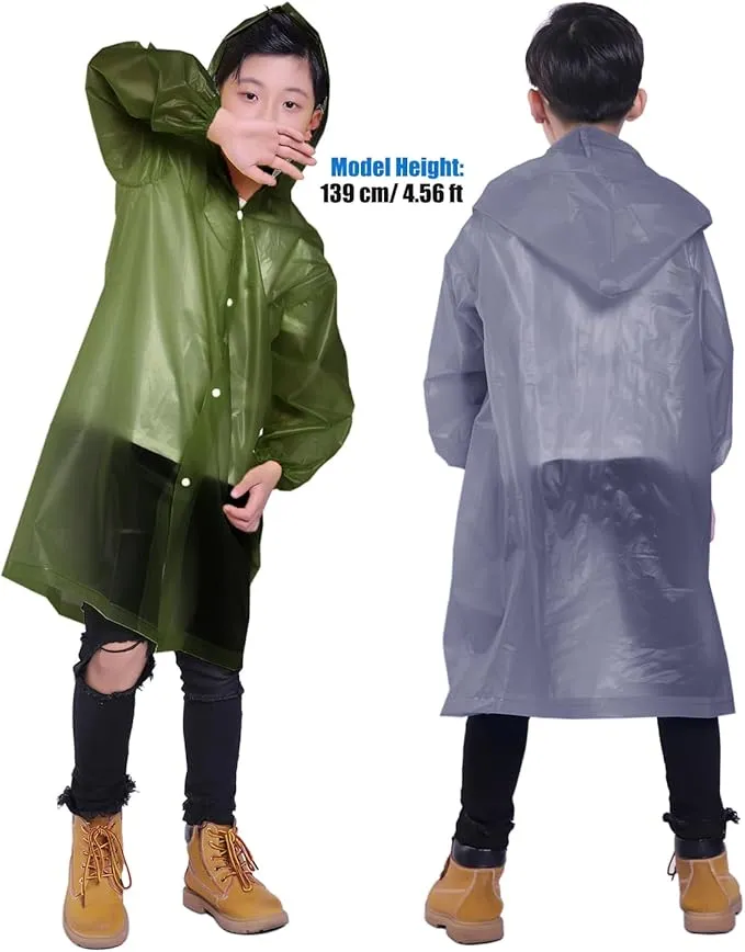 2 Pack Rain Ponchos for Kids, Reusable Kids Rain Jacket with Hood Waterproof Raincoats for Boys and Girls