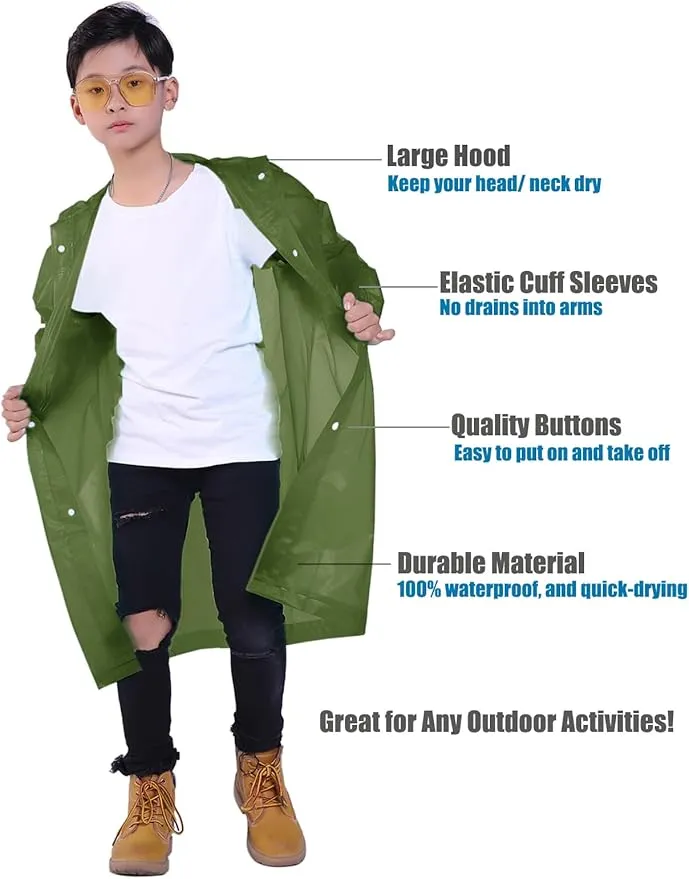 2 Pack Rain Ponchos for Kids, Reusable Kids Rain Jacket with Hood Waterproof Raincoats for Boys and Girls