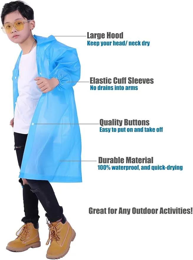 2 Pack Rain Ponchos for Kids, Reusable Kids Rain Jacket with Hood Waterproof Raincoats for Boys and Girls