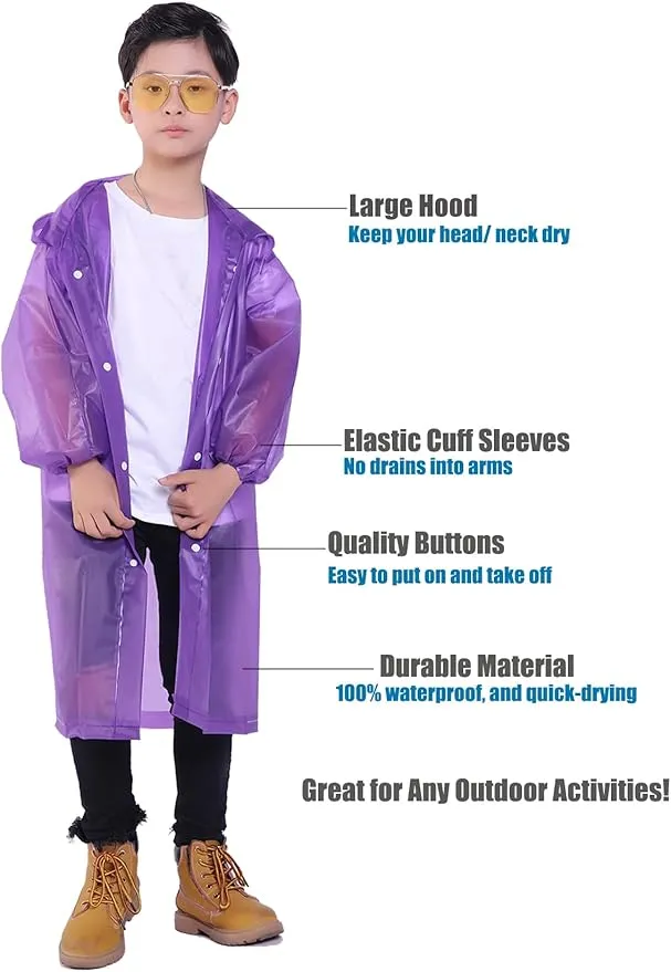 2 Pack Rain Ponchos for Kids, Reusable Kids Rain Jacket with Hood Waterproof Raincoats for Boys and Girls