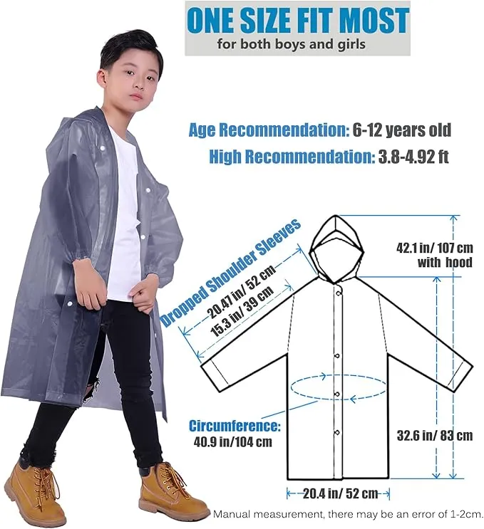 2 Pack Rain Ponchos for Kids, Reusable Kids Rain Jacket with Hood Waterproof Raincoats for Boys and Girls