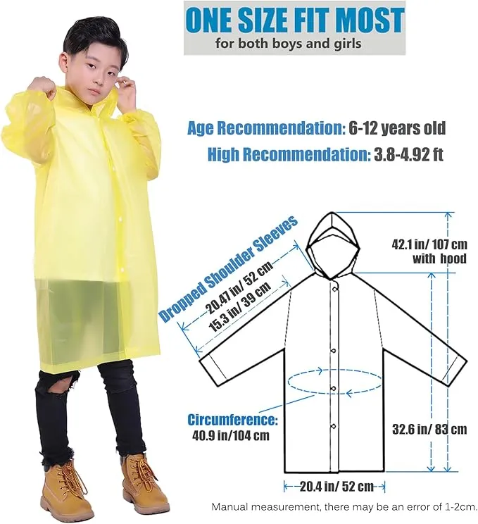 2 Pack Rain Ponchos for Kids, Reusable Kids Rain Jacket with Hood Waterproof Raincoats for Boys and Girls