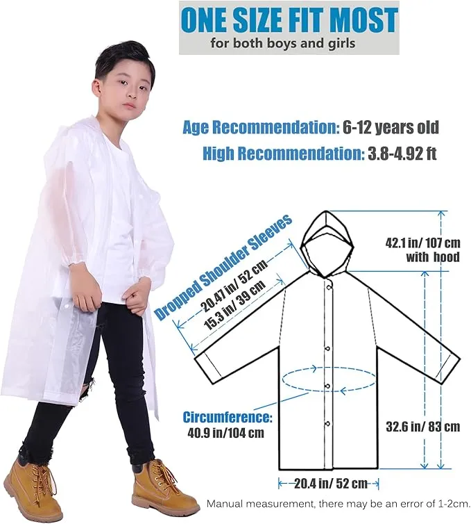 2 Pack Rain Ponchos for Kids, Reusable Kids Rain Jacket with Hood Waterproof Raincoats for Boys and Girls