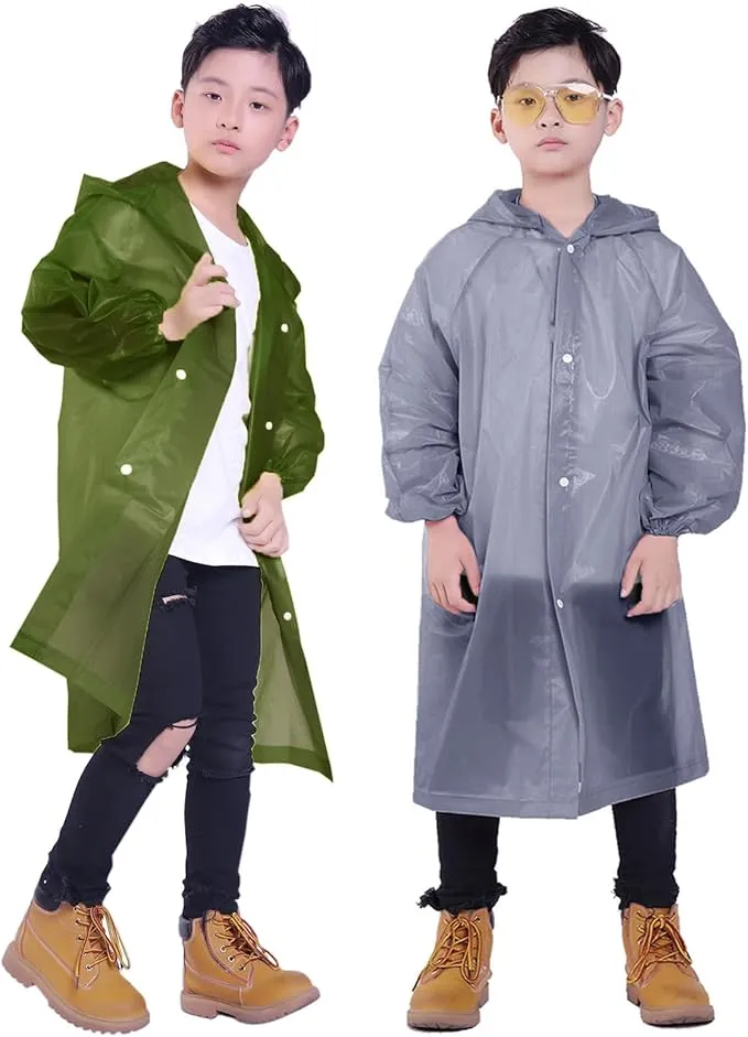 2 Pack Rain Ponchos for Kids, Reusable Kids Rain Jacket with Hood Waterproof Raincoats for Boys and Girls