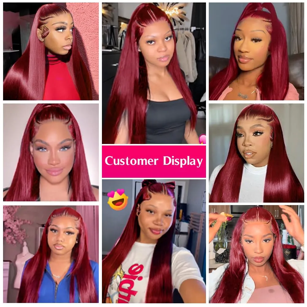 200% Density 13X4 99j Burgundy Lace Front Wigs Human Hair 13X4 HD Transparent Straight Glueless Wigs Human Hair Pre Plucked Pre Cut Braided Wigs Human Hair For Black Women Burgundy Wig Human Hair