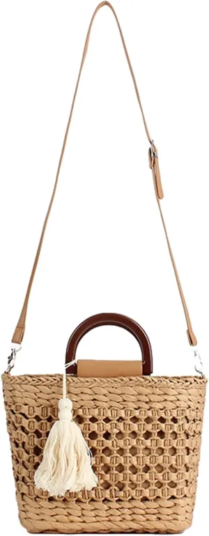 2025 Summer Straw Woven Tote Bag Tassel Beach Bag Vacation Crossbody Purse Drawstring Versatile Accessory