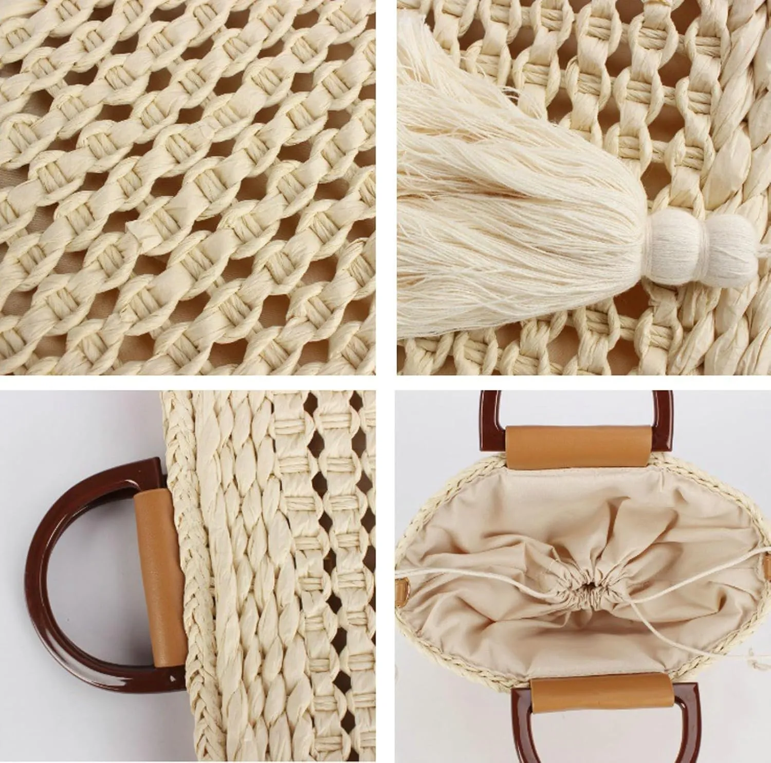 2025 Summer Straw Woven Tote Bag Tassel Beach Bag Vacation Crossbody Purse Drawstring Versatile Accessory