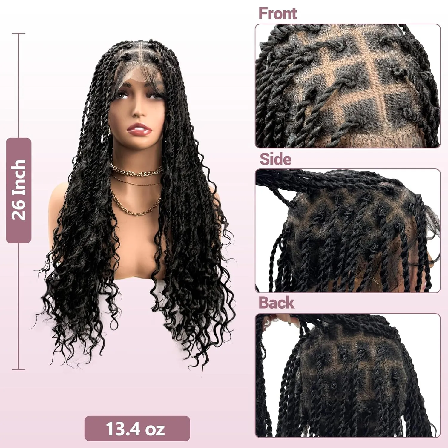26" Full Lace Knotless Boho Twist Braided Wigs Full Double Lace Braid Wig with Baby Hair Lace Front Braided Wigs for Black Women Human Hair Blended Lace Frontal Braids Wig (Black)