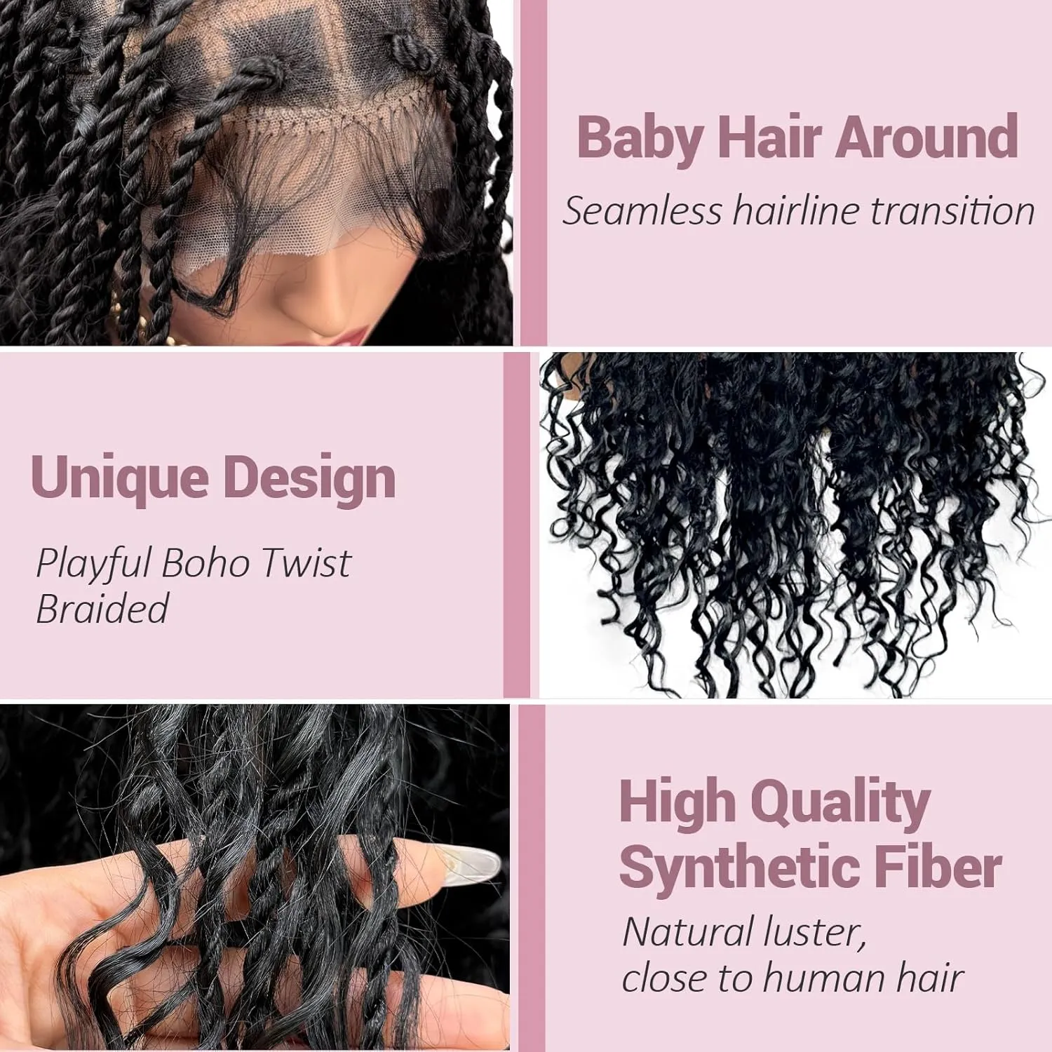 26" Full Lace Knotless Boho Twist Braided Wigs Full Double Lace Braid Wig with Baby Hair Lace Front Braided Wigs for Black Women Human Hair Blended Lace Frontal Braids Wig (Black)