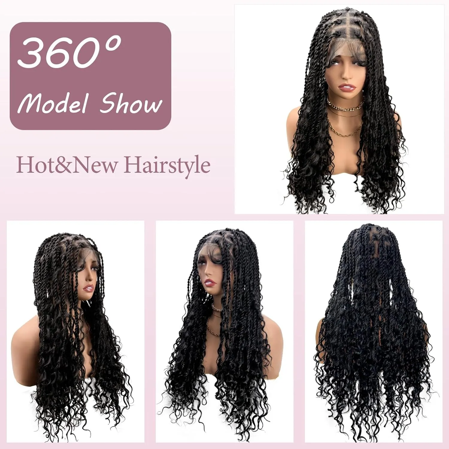 26" Full Lace Knotless Boho Twist Braided Wigs Full Double Lace Braid Wig with Baby Hair Lace Front Braided Wigs for Black Women Human Hair Blended Lace Frontal Braids Wig (Black)