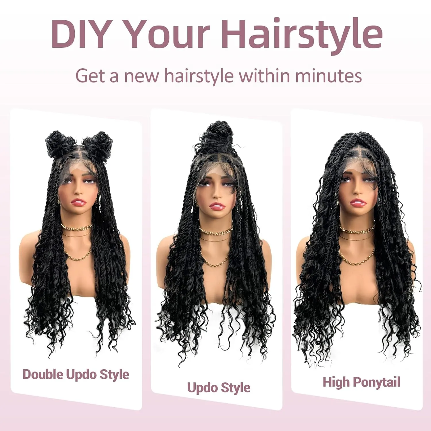 26" Full Lace Knotless Boho Twist Braided Wigs Full Double Lace Braid Wig with Baby Hair Lace Front Braided Wigs for Black Women Human Hair Blended Lace Frontal Braids Wig (Black)