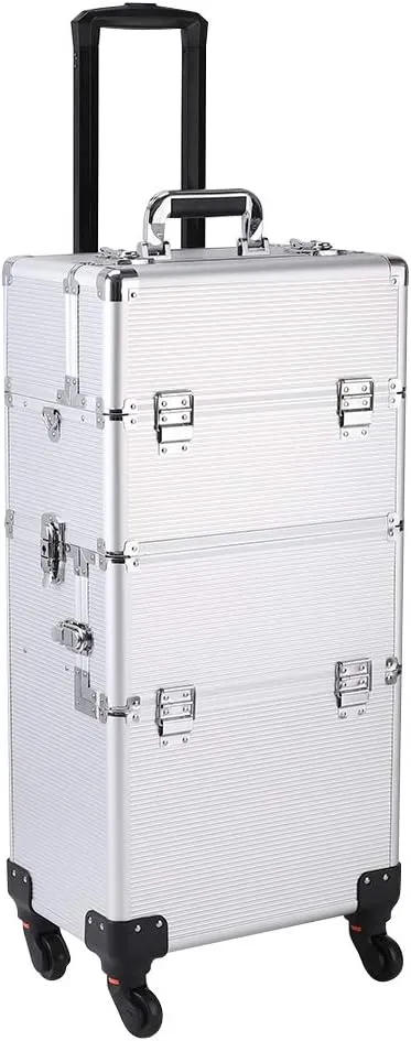 3 in 1 Cosmetic Makeup Train Case, Large Rolling Aluminum Trolley Makeup Travel Case Professional Rolling Cosmetic Beauty Storage Box with 360° Swivel Wheels (Silver)