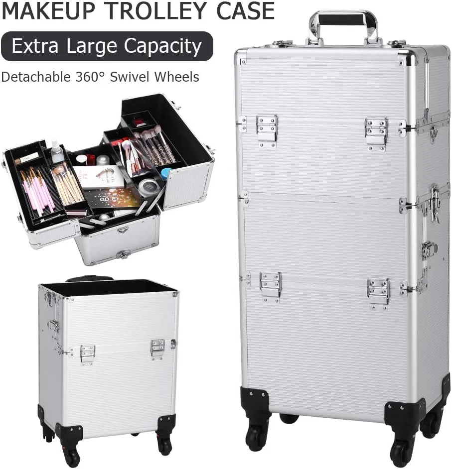 3 in 1 Cosmetic Makeup Train Case, Large Rolling Aluminum Trolley Makeup Travel Case Professional Rolling Cosmetic Beauty Storage Box with 360° Swivel Wheels (Silver)