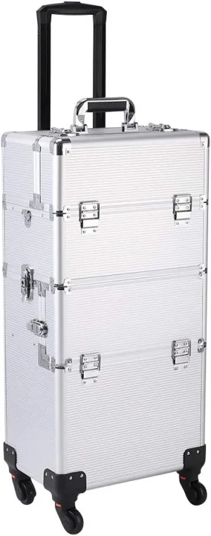 3 in 1 Cosmetic Makeup Train Case, Large Rolling Aluminum Trolley Makeup Travel Case Professional Rolling Cosmetic Beauty Storage Box with 360° Swivel Wheels (Silver)