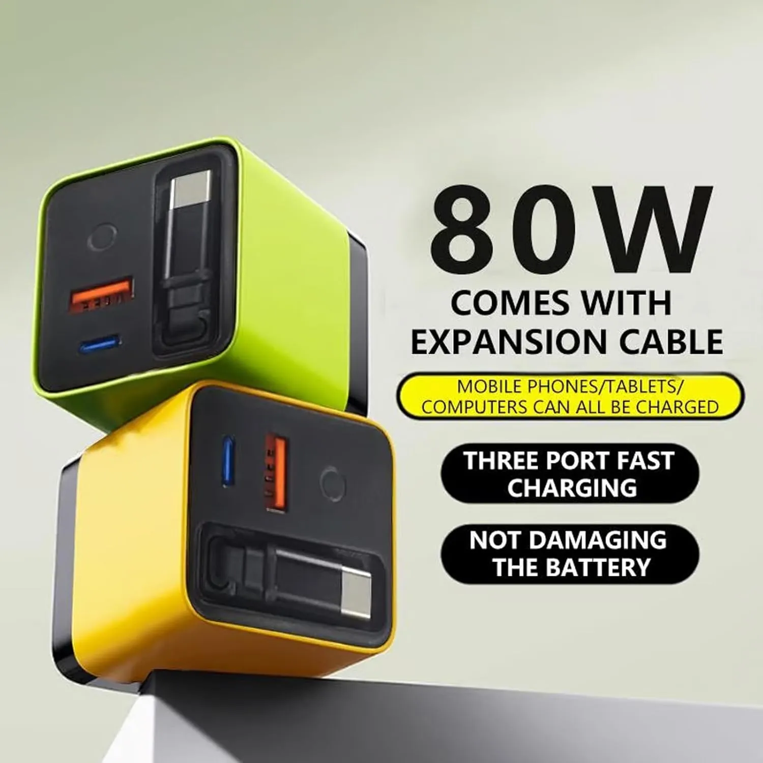 3 in 1 GaN Charger, 2025 Upgrade Scalable 80W MAX Fast Charger Module with Type-C Cable and 2 USB Ports, Cell Phone Tablet Chargers & Power adapters, Retractable Phone Charger Wall Plug (Yellow)