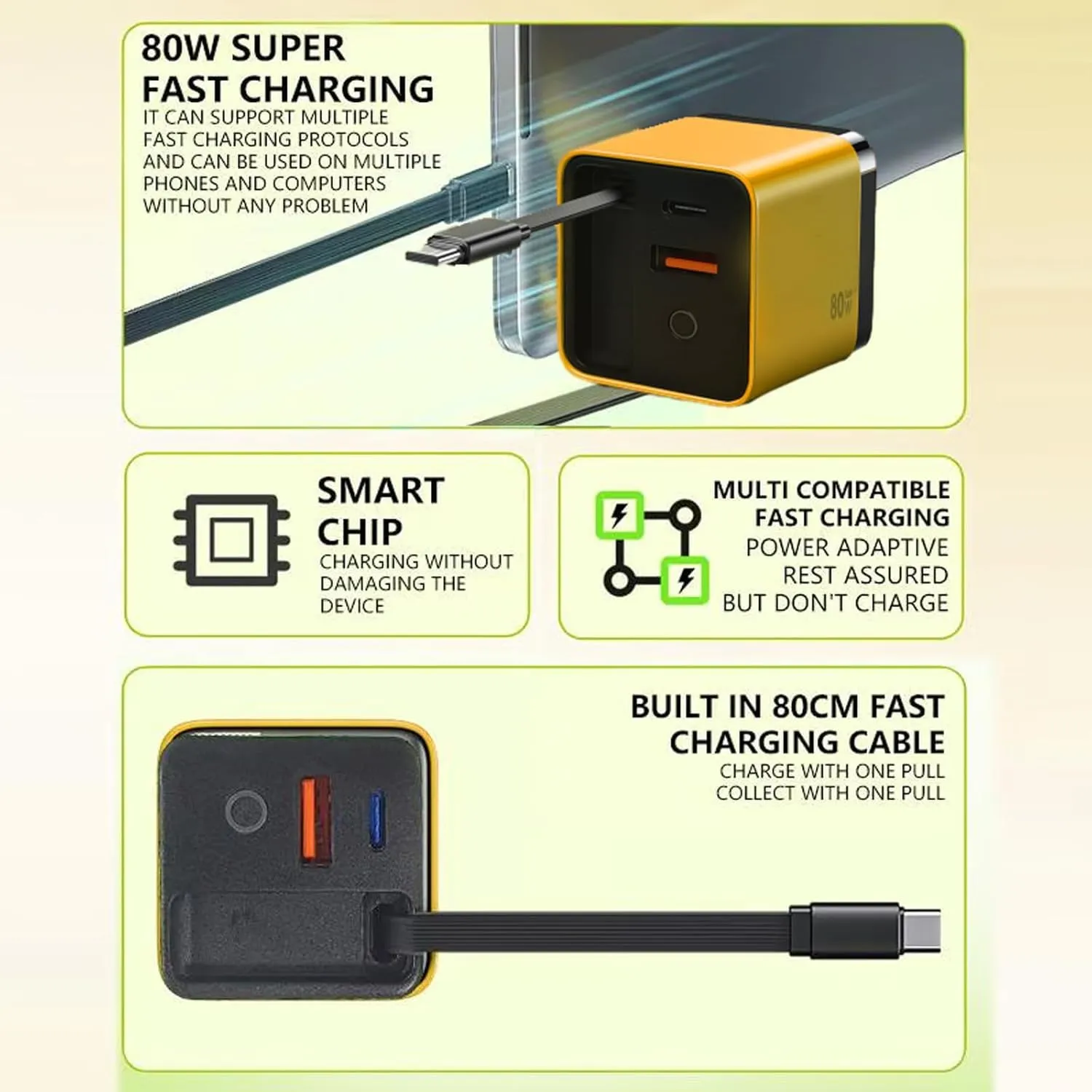 3 in 1 Gan Charger, Retractable 80w Max, Scalable 80w Max Fast Charger Module with Type-C Cable and 2 USB Ports, 3 in 1 Gan Charger for iPhone, Phone and Laptops (Green)
