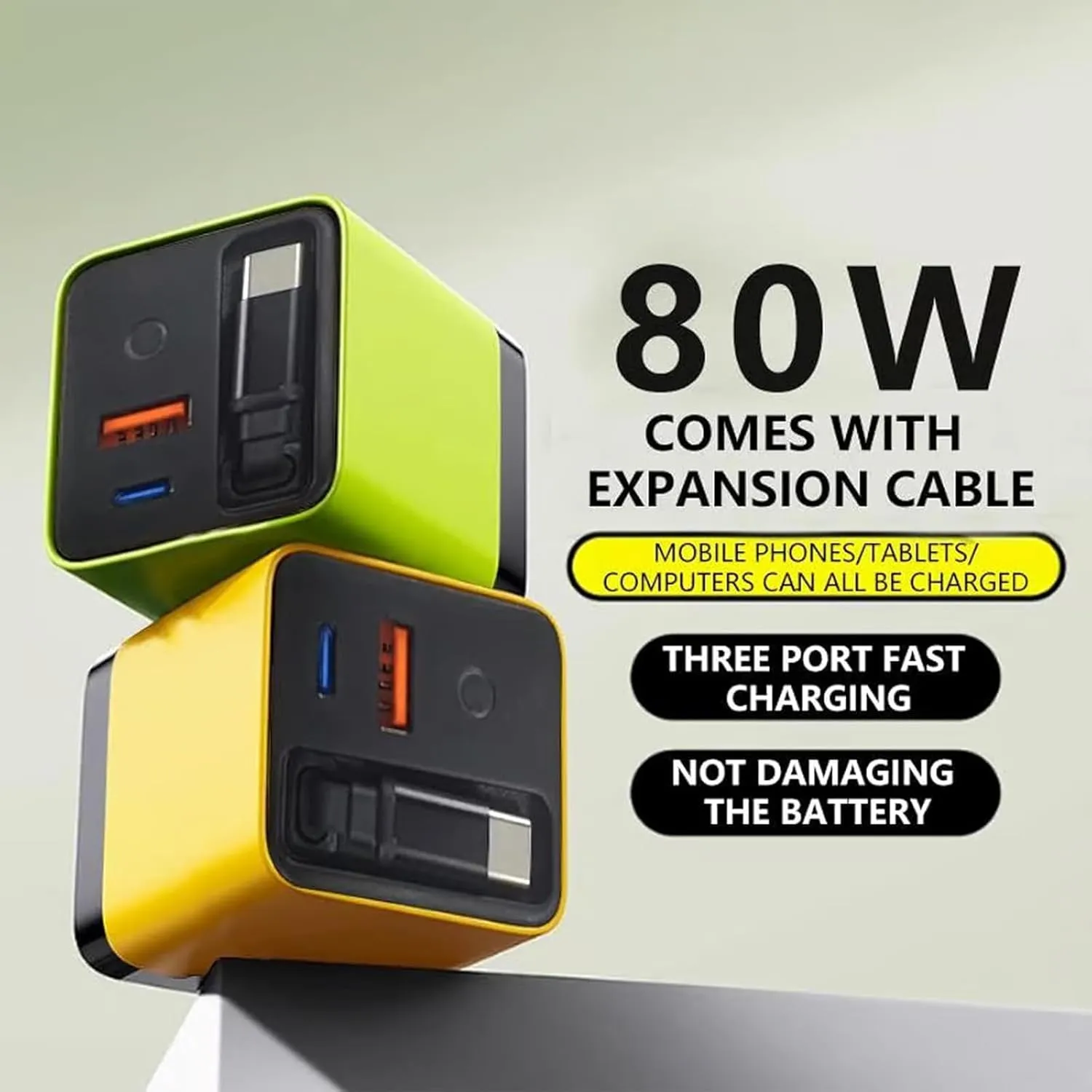 3 in 1 Gan Charger, Retractable 80w Max, Scalable 80w Max Fast Charger Module with Type-C Cable and 2 USB Ports, 3 in 1 Gan Charger for iPhone, Phone and Laptops (Green)