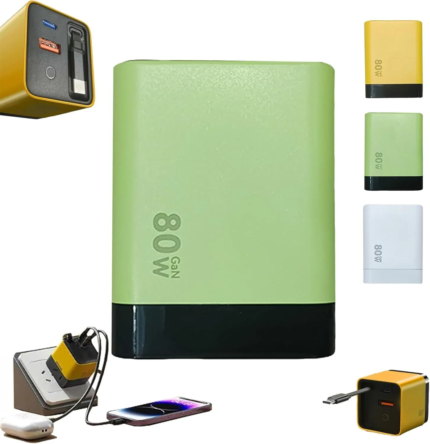 3 in 1 Gan Charger, Retractable 80w Max, Scalable 80w Max Fast Charger Module with Type-C Cable and 2 USB Ports, 3 in 1 Gan Charger for iPhone, Phone and Laptops (Green)