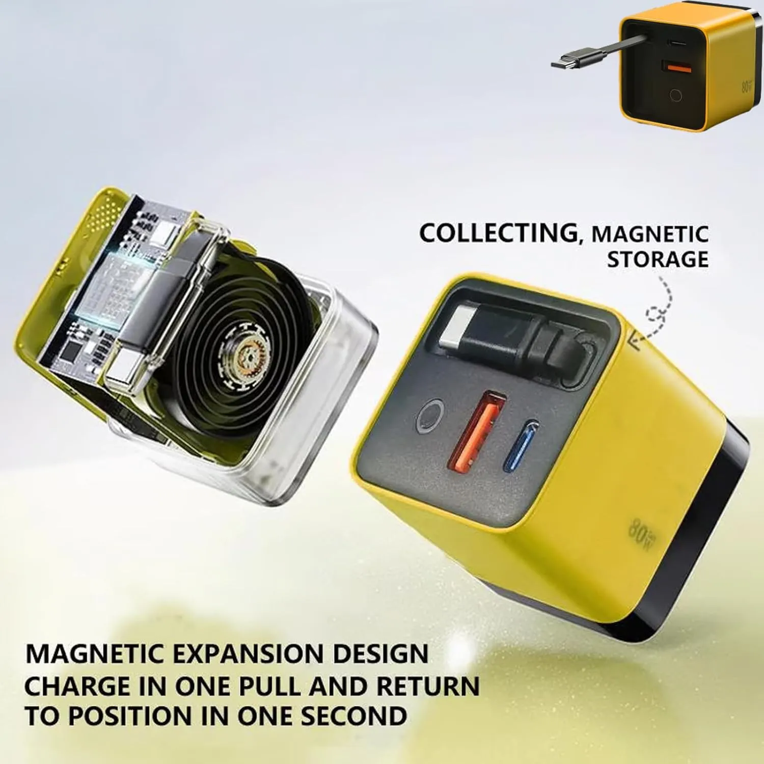 3 in 1 Gan Charger, Retractable 80w Max, Scalable 80w Max Fast Charger Module with Type-C Cable and 2 USB Ports, 3 in 1 Gan Charger for iPhone, Phone and Laptops (Green)