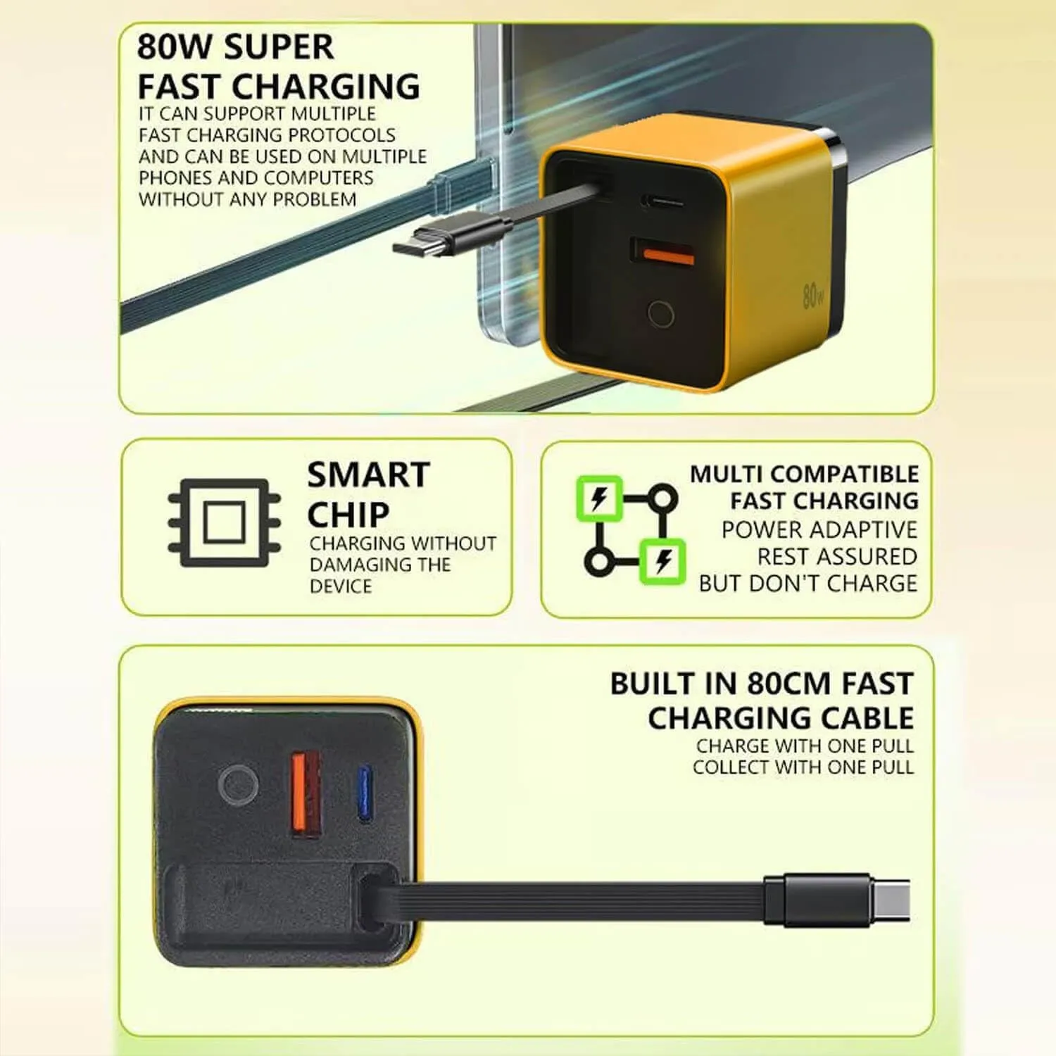 3 in 1 GaN Charger,Scalable 80w Max Fast Charger Module with Type C Cable and 2 USB Ports, 80 Watt All in One Retractable Phone Wall Plug for iPhone, Phone and Laptops (Yellow)