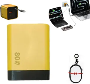 3 in 1 GaN Charger,Scalable 80w Max Fast Charger Module with Type C Cable and 2 USB Ports, 80 Watt All in One Retractable Phone Wall Plug for iPhone, Phone and Laptops (Yellow)