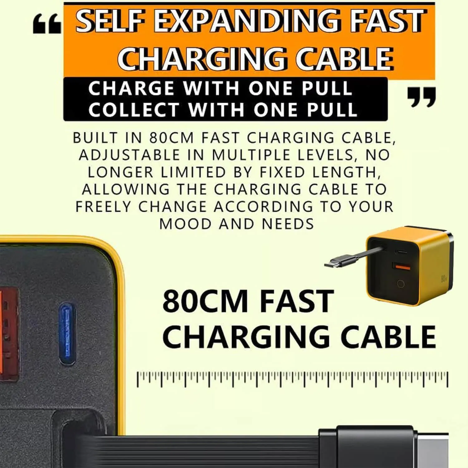 3 in 1 GaN Charger,Scalable 80w Max Fast Charger Module with Type C Cable and 2 USB Ports, 80 Watt All in One Retractable Phone Wall Plug for iPhone, Phone and Laptops (Yellow)