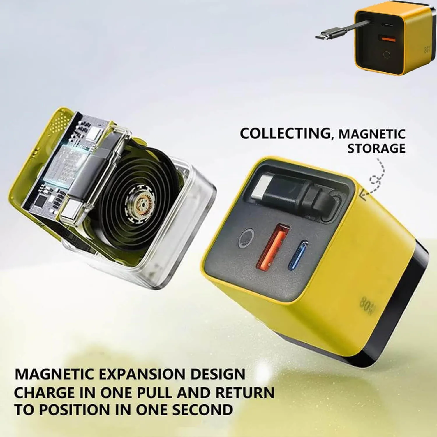 3 in 1 GaN Charger,Scalable 80w Max Fast Charger Module with Type C Cable and 2 USB Ports, 80 Watt All in One Retractable Phone Wall Plug for iPhone, Phone and Laptops (Yellow)