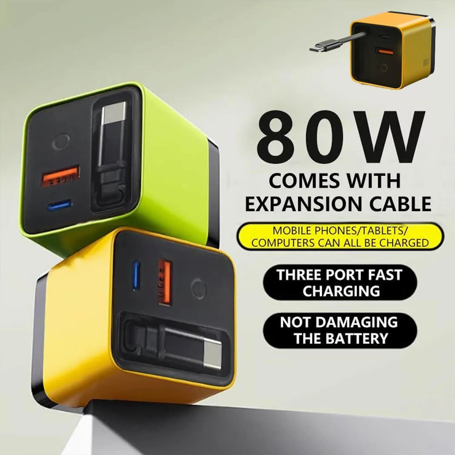 3 in 1 GaN Charger,Scalable 80w Max Fast Charger Module with Type C Cable and 2 USB Ports, 80 Watt All in One Retractable Phone Wall Plug for iPhone, Phone and Laptops (Yellow)