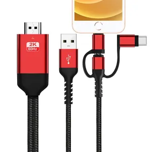 3 in 1 HDMI Cable Adapter Type C/Micro USB/Phone MHL to HDMI Mirroring Phone to TV/Projector/Monitor HDTV 1080P Compatible for Phone Series XS/Android 5.0 and IO'S9 Above