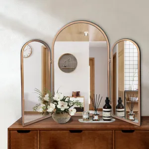 3 Way Mirror Bathroom, Trifold Vanity Mirrors for Bathroom Bedroom, Large Arch Mirrors Decorative Vintage Gold, Adjustable Makeup Mirror for Braiding Hair 360° Way Tabletop & Wall Mounted
