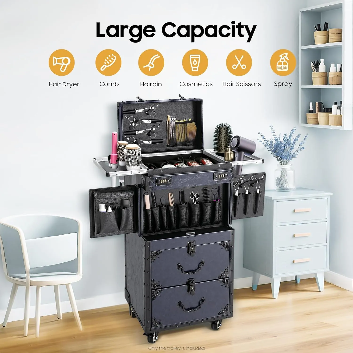 32in Makeup Rolling Train Case, Large Storage Cosmetic Trolley, Professional Makeup Case with Metal Wheels, Locks for Makeup Artist Nail Technician and Hairstylist (Blue)
