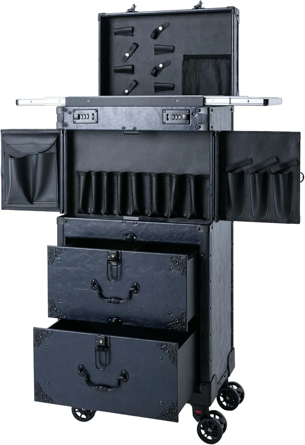 32in Makeup Rolling Train Case, Large Storage Cosmetic Trolley, Professional Makeup Case with Metal Wheels, Locks for Makeup Artist Nail Technician and Hairstylist (Blue)