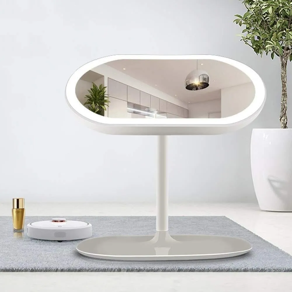 360° Rotating LED Lighted Makeup Mirror with Smart Touch Sensor, USB Charging, Portable, Storage Base for Bedroom, Bathroom, and Travel