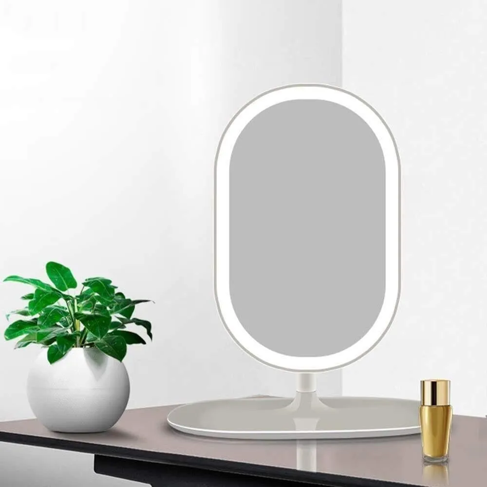 360° Rotating LED Lighted Makeup Mirror with Smart Touch Sensor, USB Charging, Portable, Storage Base for Bedroom, Bathroom, and Travel