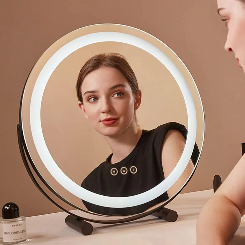 360° Rotation Makeup Mirror with LED Light, Small Desk Illuminated Mirror Round 11/15/19inch Touch Screen, Cold Light 5300K, Warm Light 3300K, Natural Light 4300K