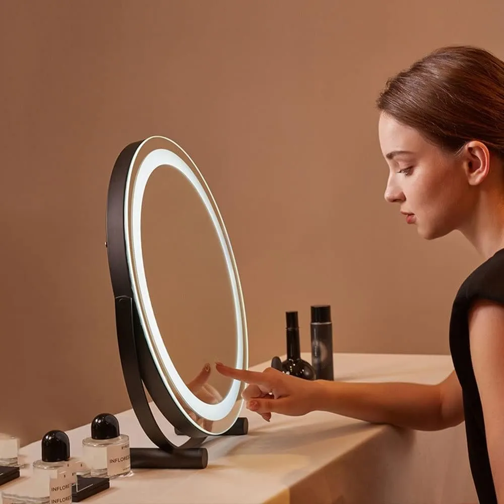 360° Rotation Makeup Mirror with LED Light, Small Desk Illuminated Mirror Round 11/15/19inch Touch Screen, Cold Light 5300K, Warm Light 3300K, Natural Light 4300K